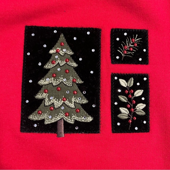 Vintage Top Stitch Morning Sun Christmas Tree Holly Collar Sweatshirt Size M - Picture 6 of 12